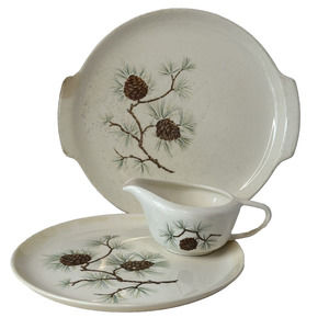 FRENCH SAXON, Pine Cone 1959, Handled Cake Plate, Dinner Plate, Creamer. VTG